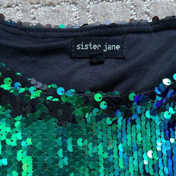 Sister Jane Sequin Boxy Crop Top Women's Medium Green Black Mermaid Concert - Picture 4 of 9